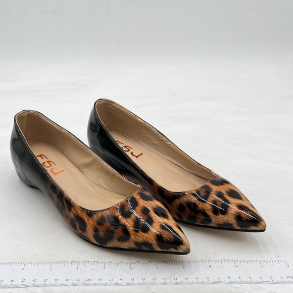 FSJ Leopard Pointed Toe Pumps Slip On Flats Summer Holiday Casual Dress Shoes - Picture 3 of 7